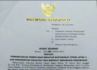 Keluarkan Surat Edaran, Kota Bengkulu Resmi Berlakukan PPKM Level 4