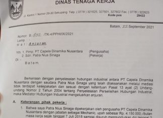 Tolak Anjuran Disnaker Batam, PT Capella Dinamik Nusantara Sebut Surat Anjuran Bukan Hasil Sidang
