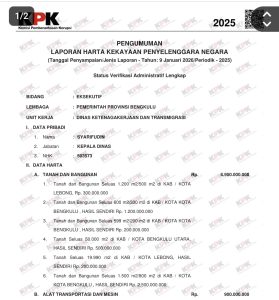 Harta Rp5,6 Miliar Pj Sekda Lebong Jadi Sorotan, di Tengah Isu Mahar Jabatan