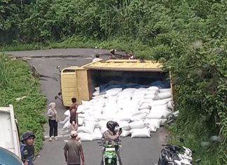 Jalan Amblas di Talang Ratu Kian Membahayakan, Truk Muatan Beras Terguling